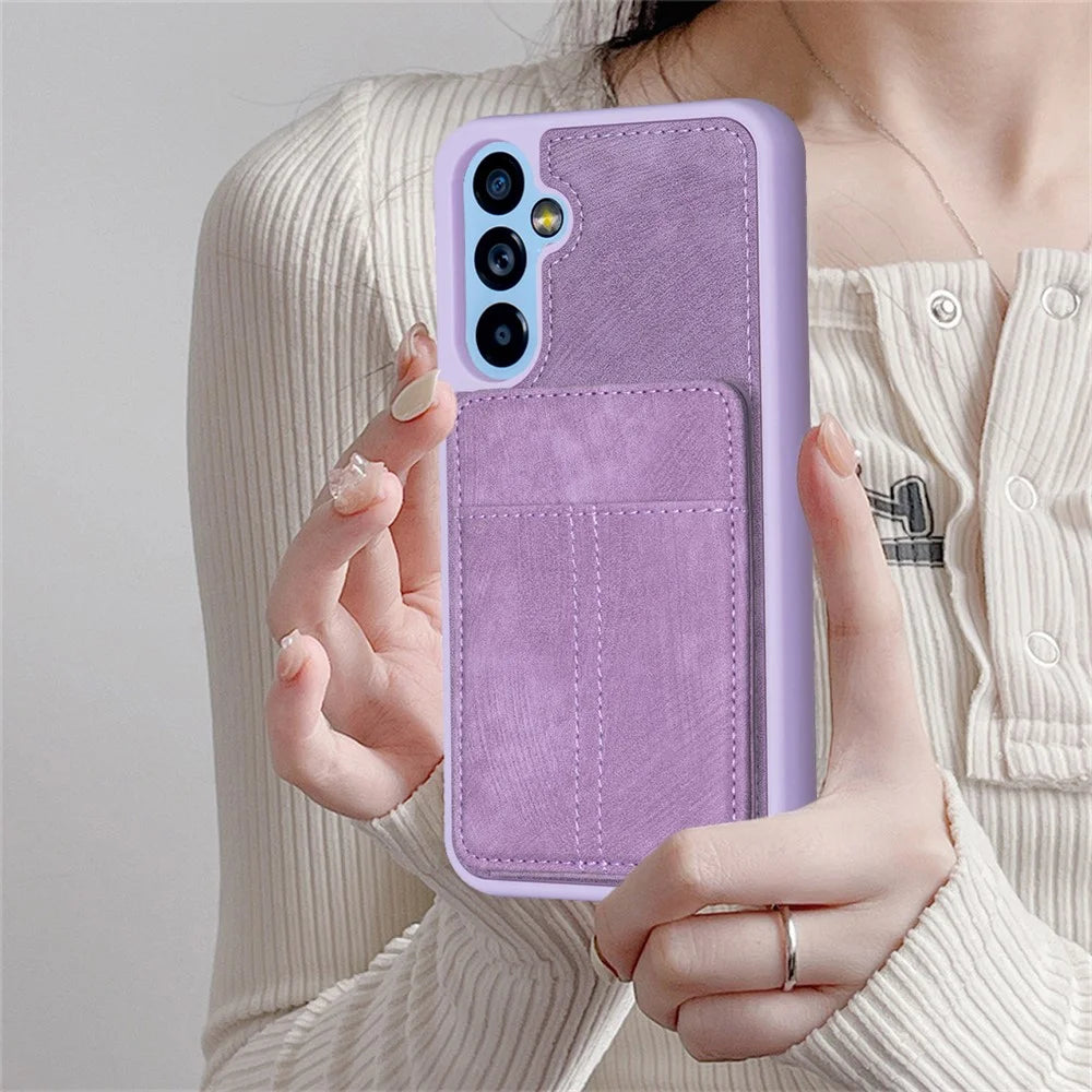 BF28 For Samsung Galaxy A14 5G / A14 4G Card Slots Matte PU Leather Coated TPU Phone Cover Shockproof Kickstand Case - Purple - 7