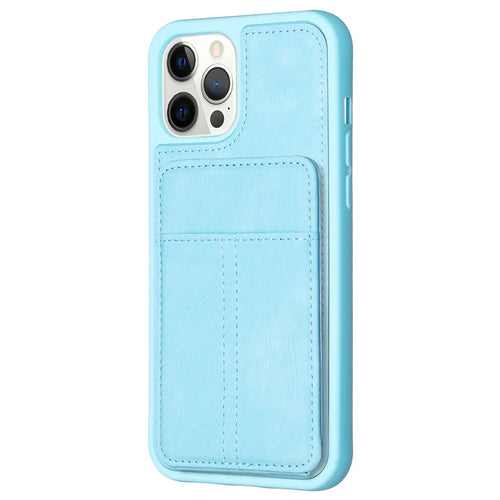 BF28 Kickstand Case for iPhone 15 Pro Max , Matte PU Leather Coated TPU Phone Back Protector Cover with Card Holder - Blue - 1
