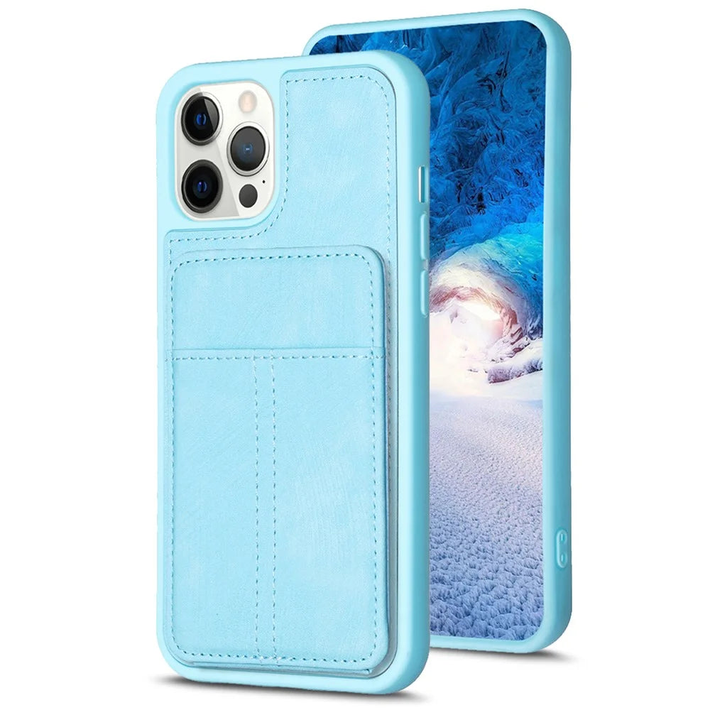 BF28 Kickstand Case for iPhone 15 Pro Max , Matte PU Leather Coated TPU Phone Back Protector Cover with Card Holder - Blue - 2