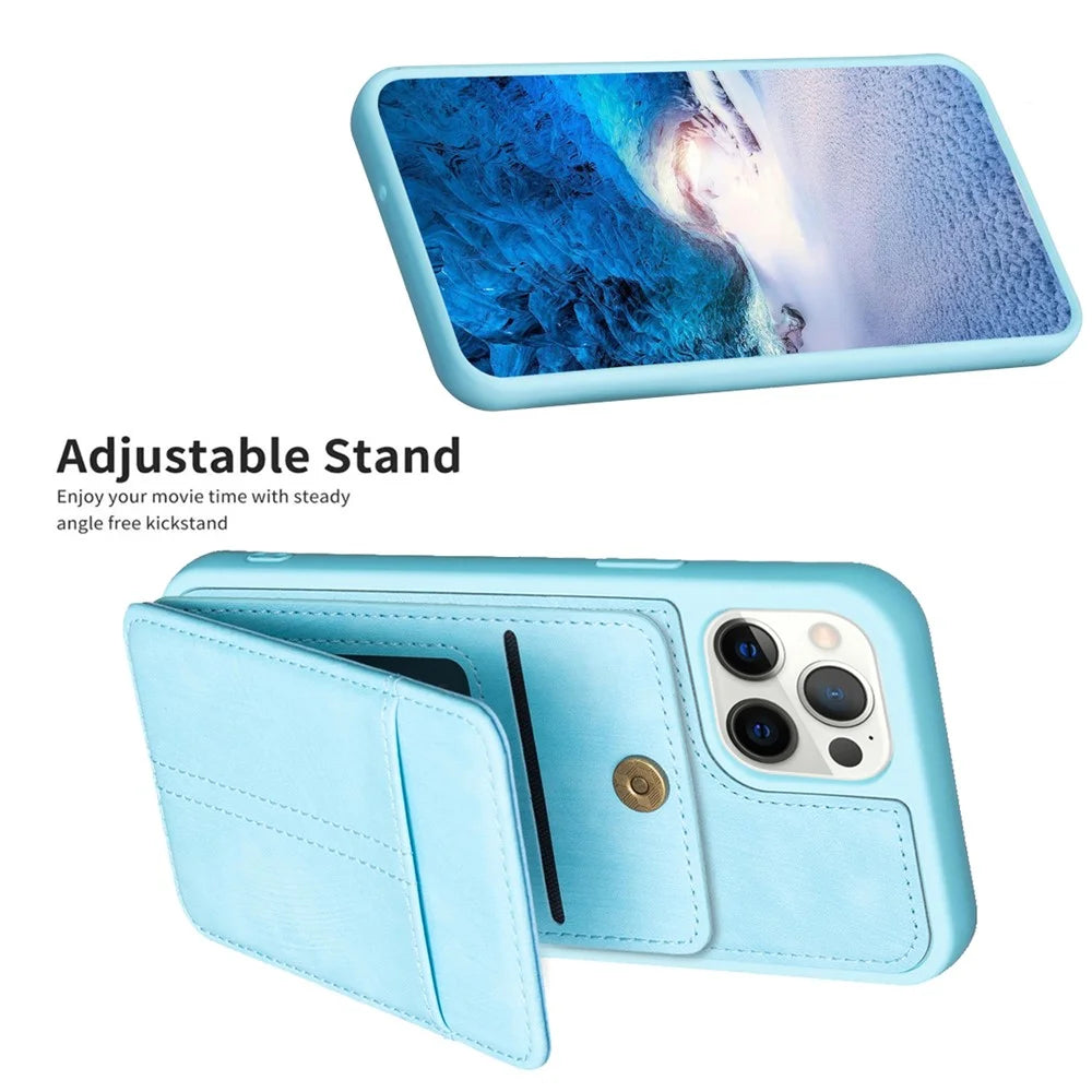 BF28 Kickstand Case for iPhone 15 Pro Max , Matte PU Leather Coated TPU Phone Back Protector Cover with Card Holder - Blue - 3