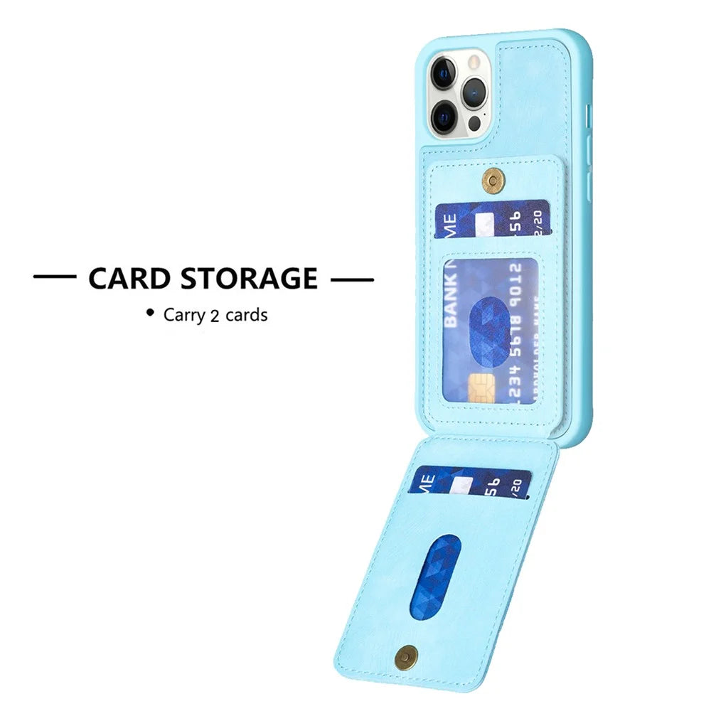 BF28 Kickstand Case for iPhone 15 Pro Max , Matte PU Leather Coated TPU Phone Back Protector Cover with Card Holder - Blue - 4