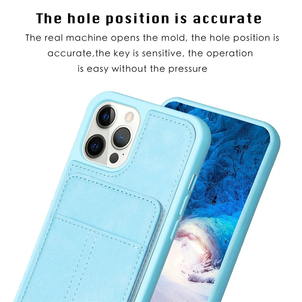 BF28 Kickstand Case for iPhone 15 Pro Max , Matte PU Leather Coated TPU Phone Back Protector Cover with Card Holder - Blue - 5