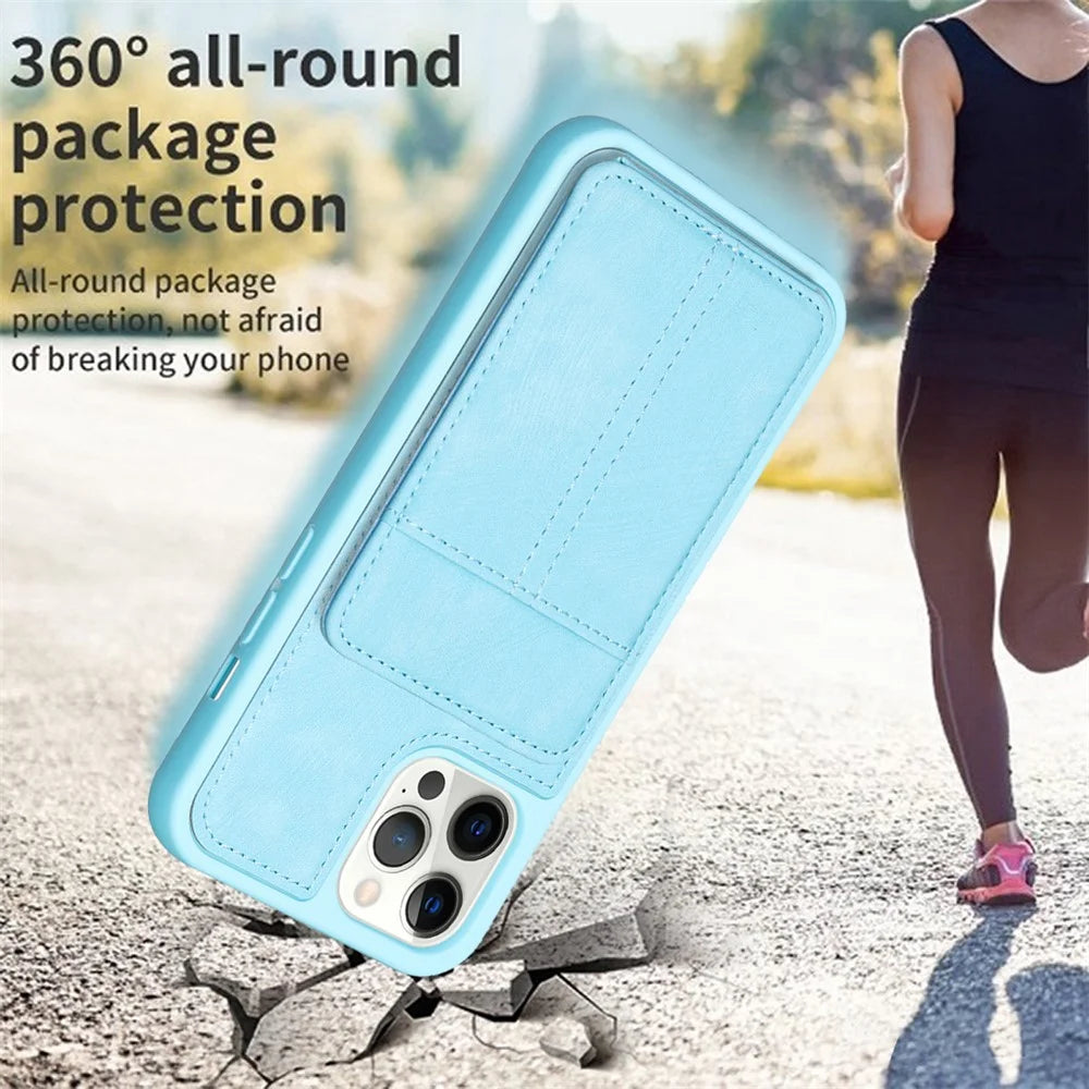 BF28 Kickstand Case for iPhone 15 Pro Max , Matte PU Leather Coated TPU Phone Back Protector Cover with Card Holder - Blue - 6