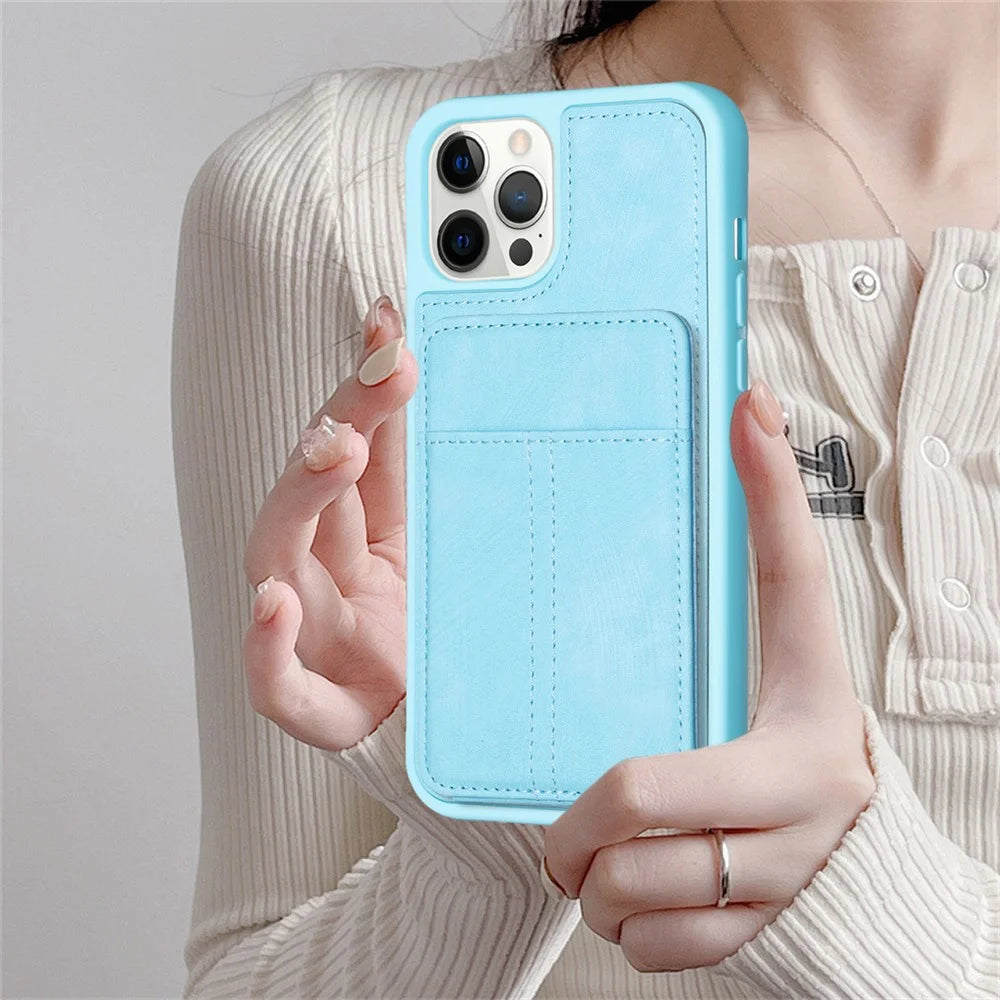 BF28 Kickstand Case for iPhone 15 Pro Max , Matte PU Leather Coated TPU Phone Back Protector Cover with Card Holder - Blue - 7