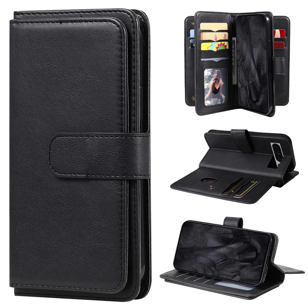 For Google Pixel 8 Pro Leather Case with 10 Card Holder Phone Cover Stand - Black - 1
