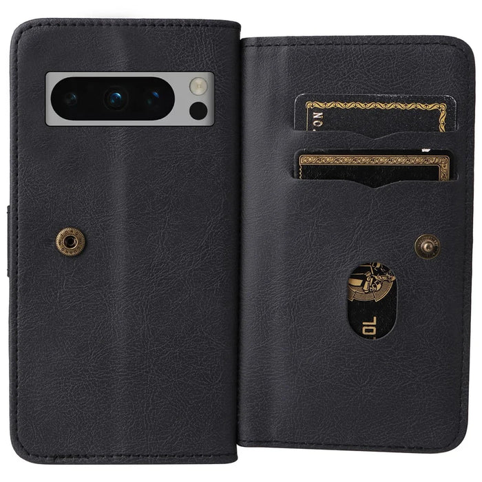 For Google Pixel 8 Pro Leather Case with 10 Card Holder Phone Cover Stand - Black - 5