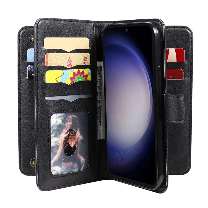 For Samsung Galaxy S23 FE Leather Case with 10 Card Holder Phone Cover Stand - Black - 6