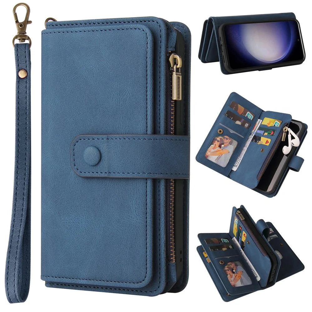 For Samsung Galaxy S23 FE Zipper Wallet Case with 15 Card Slots and Strap Leather Phone Cover - Blue - 1