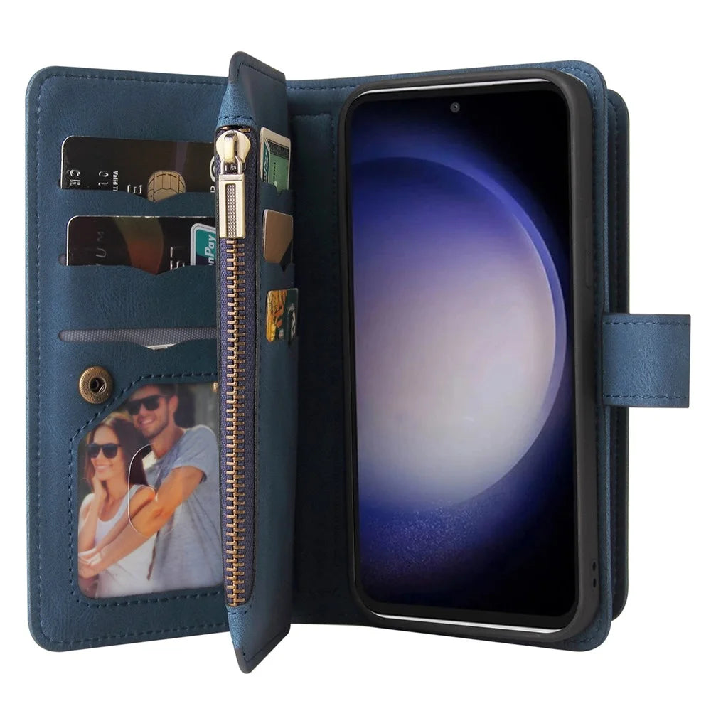 For Samsung Galaxy S23 FE Zipper Wallet Case with 15 Card Slots and Strap Leather Phone Cover - Blue - 5