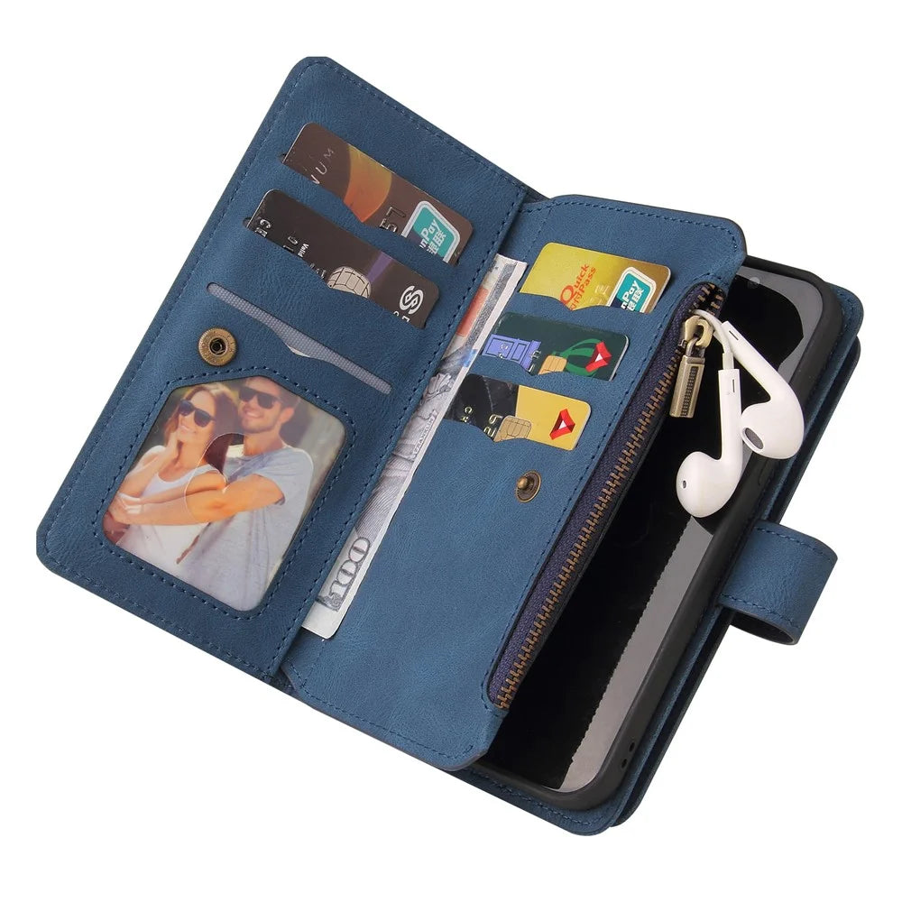 For Samsung Galaxy S23 FE Zipper Wallet Case with 15 Card Slots and Strap Leather Phone Cover - Blue - 6