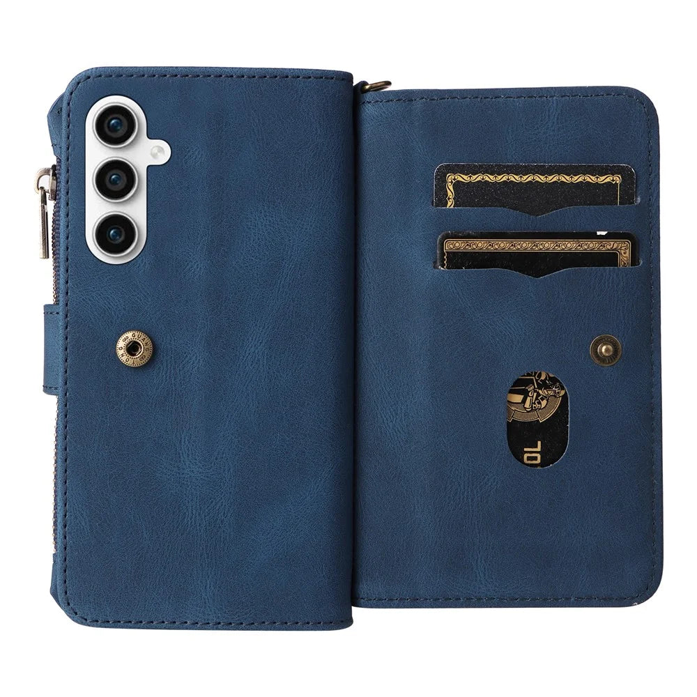For Samsung Galaxy S23 FE Zipper Wallet Case with 15 Card Slots and Strap Leather Phone Cover - Blue - 7