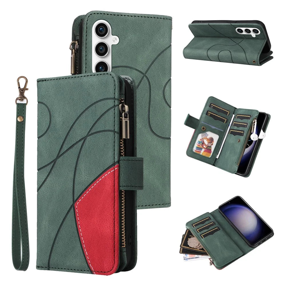 For Samsung Galaxy S23 FE Leather Case with Strap Zipper 9 Card Slot Phone Cover Stand - Green - 1