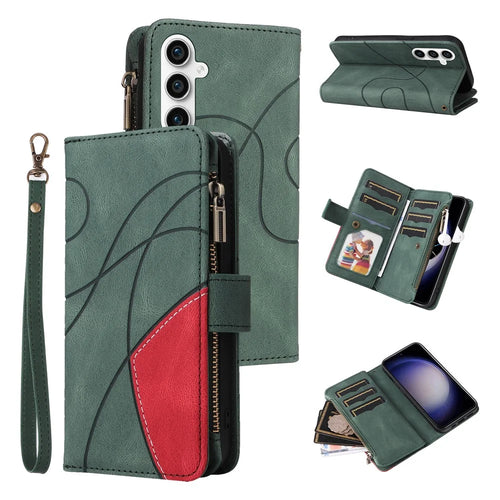 For Samsung Galaxy S23 FE Leather Case with Strap Zipper 9 Card Slot Phone Cover Stand - Green - 1
