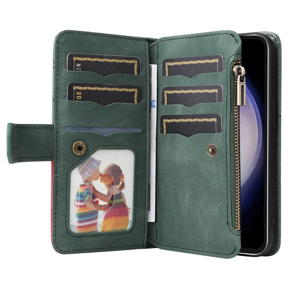 For Samsung Galaxy S23 FE Leather Case with Strap Zipper 9 Card Slot Phone Cover Stand - Green - 2