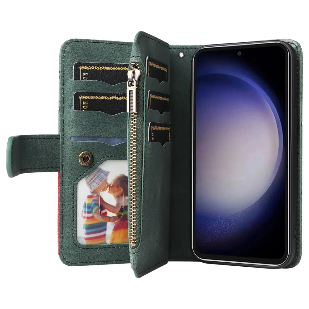 For Samsung Galaxy S23 FE Leather Case with Strap Zipper 9 Card Slot Phone Cover Stand - Green - 3