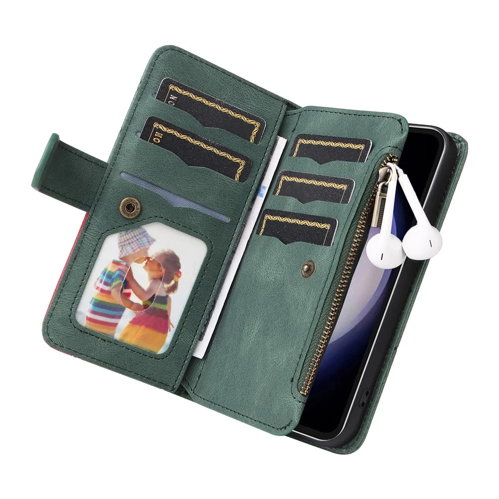 For Samsung Galaxy S23 FE Leather Case with Strap Zipper 9 Card Slot Phone Cover Stand - Green - 4