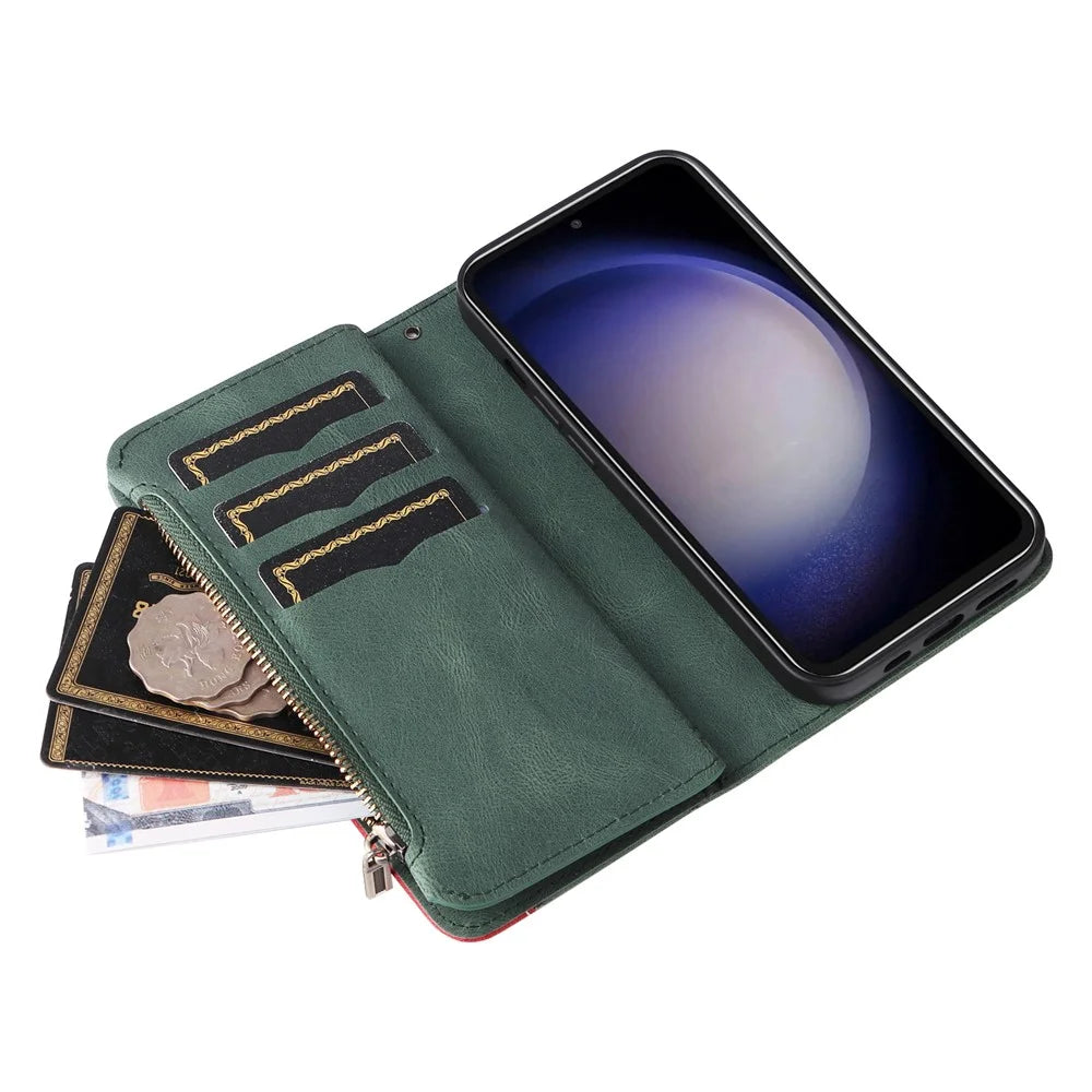 For Samsung Galaxy S23 FE Leather Case with Strap Zipper 9 Card Slot Phone Cover Stand - Green - 7