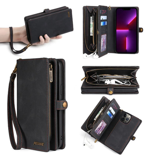 MEGSHI 017 Series For iPhone 15 Pro Max Zipper Pocket Wallet Leather Cover Magnetic Detachable Phone Case - Black - 1