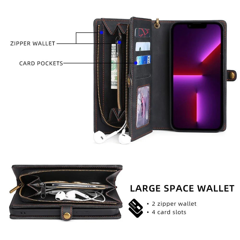 MEGSHI 017 Series For iPhone 15 Pro Max Zipper Pocket Wallet Leather Cover Magnetic Detachable Phone Case - Black - 2
