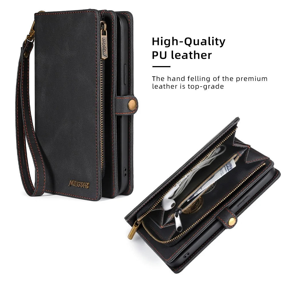 MEGSHI 017 Series For iPhone 15 Pro Max Zipper Pocket Wallet Leather Cover Magnetic Detachable Phone Case - Black - 4