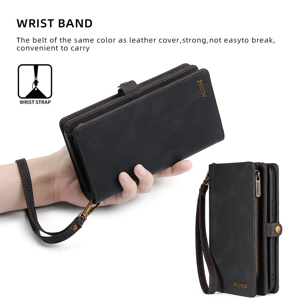 MEGSHI 017 Series For iPhone 15 Pro Max Zipper Pocket Wallet Leather Cover Magnetic Detachable Phone Case - Black - 6