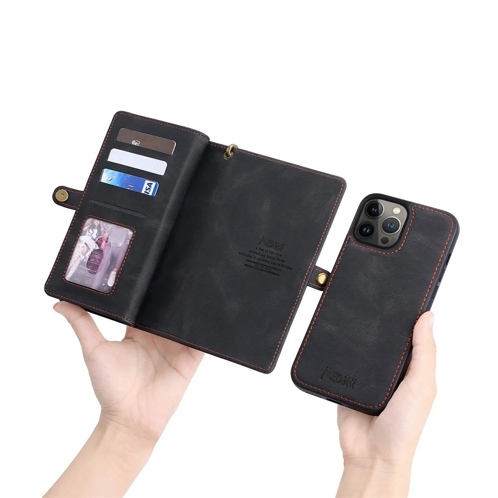 MEGSHI 017 Series For iPhone 15 Pro Max Zipper Pocket Wallet Leather Cover Magnetic Detachable Phone Case - Black - 7