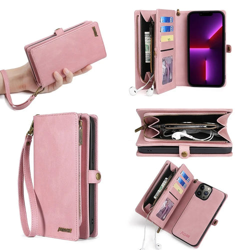 MEGSHI 017 Series For iPhone 15 Pro Zipper Pocket Leather Wallet Phone Cover Magnetic Detachable Anti-drop Case - Rose Gold - 1