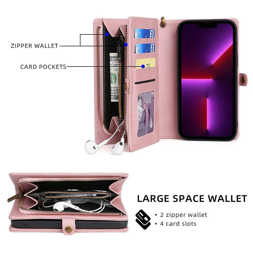 MEGSHI 017 Series For iPhone 15 Pro Zipper Pocket Leather Wallet Phone Cover Magnetic Detachable Anti-drop Case - Rose Gold - 2