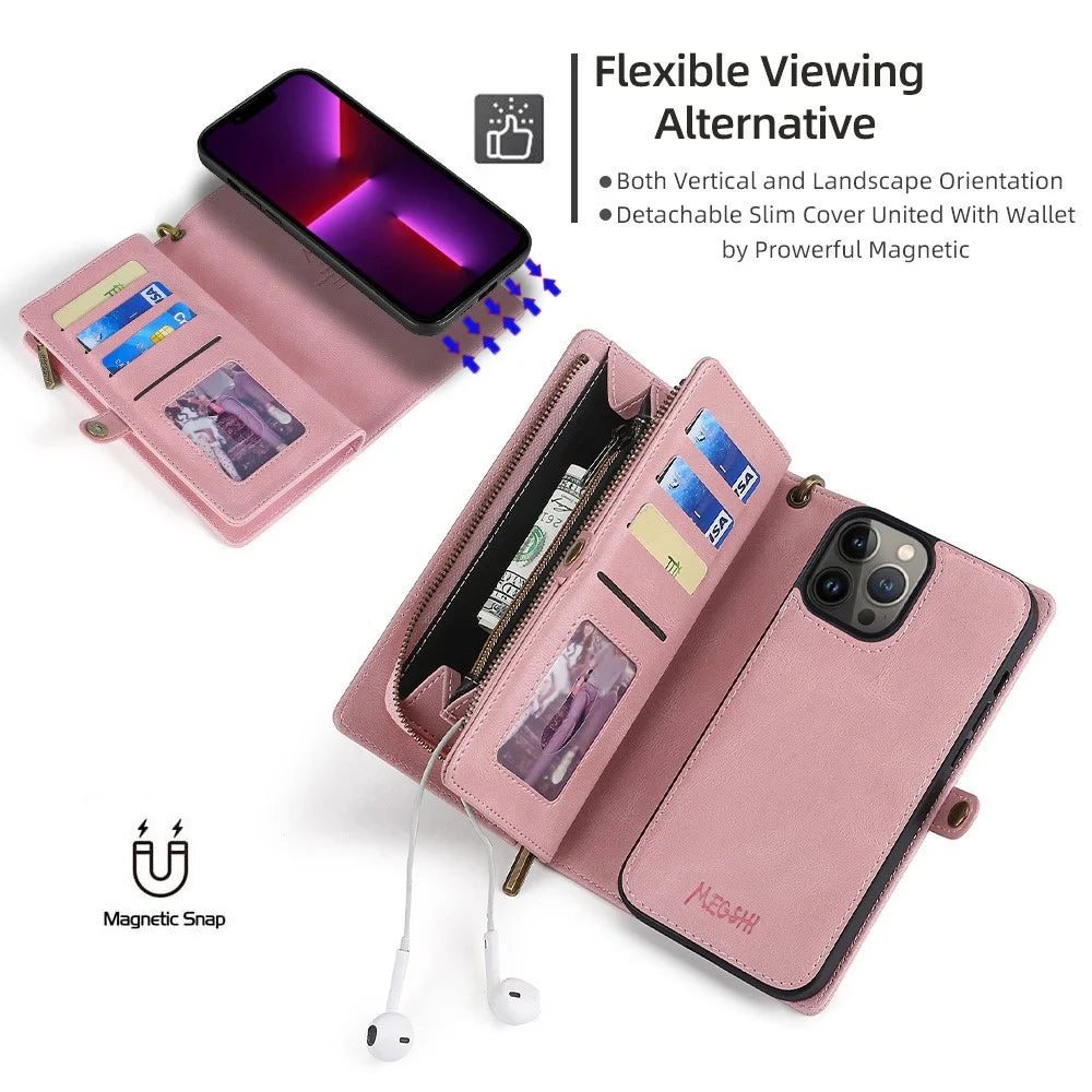 MEGSHI 017 Series For iPhone 15 Pro Zipper Pocket Leather Wallet Phone Cover Magnetic Detachable Anti-drop Case - Rose Gold - 3