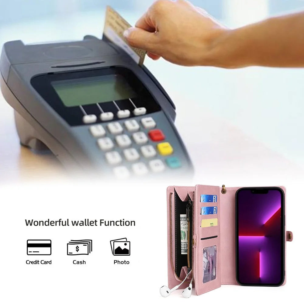 MEGSHI 017 Series For iPhone 15 Pro Zipper Pocket Leather Wallet Phone Cover Magnetic Detachable Anti-drop Case - Rose Gold - 5