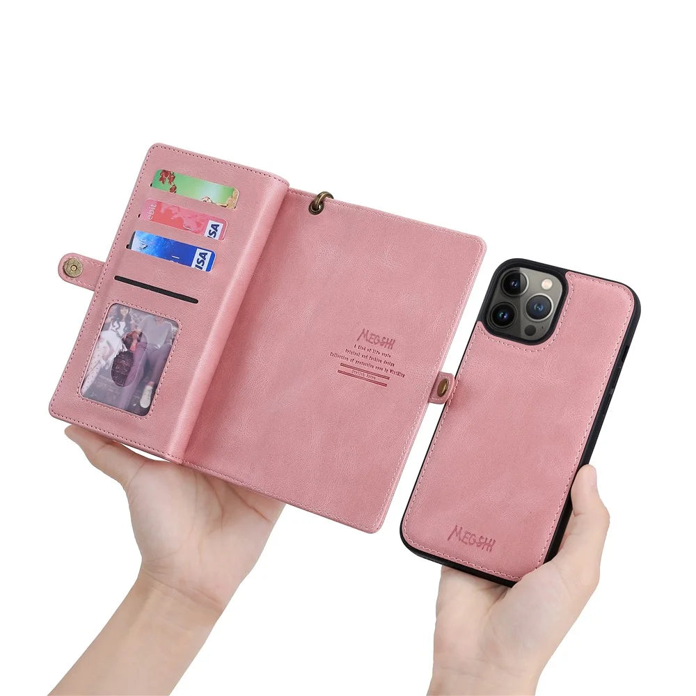 MEGSHI 017 Series For iPhone 15 Pro Zipper Pocket Leather Wallet Phone Cover Magnetic Detachable Anti-drop Case - Rose Gold - 7