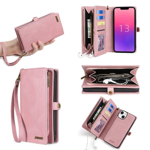 MEGSHI 017 Series For iPhone 15 Magnetic Detachable Phone Cover Zipper Wallet PU Leather Drop-proof Case - Rose Gold - 1