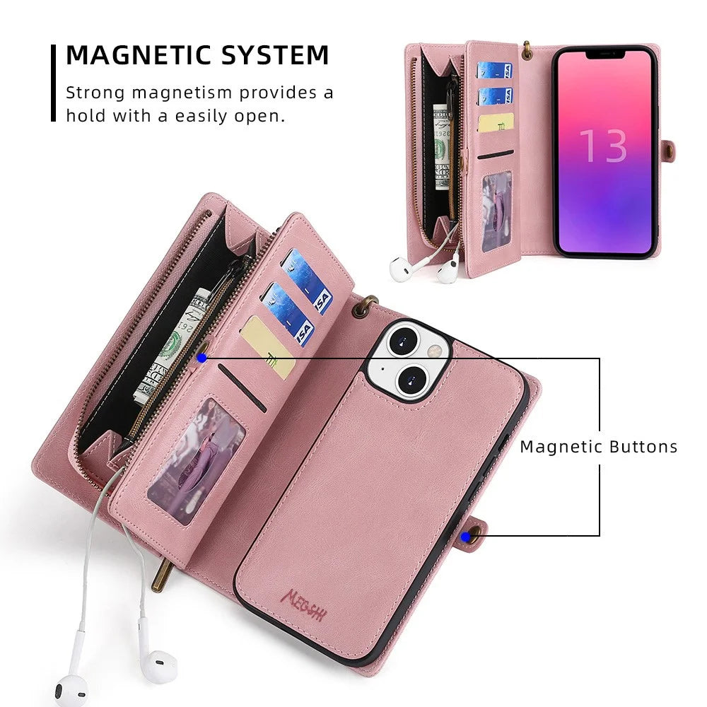 MEGSHI 017 Series For iPhone 15 Magnetic Detachable Phone Cover Zipper Wallet PU Leather Drop-proof Case - Rose Gold - 3