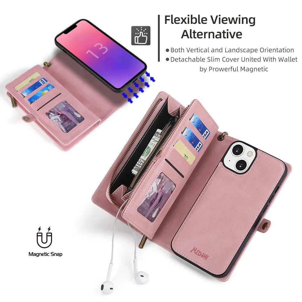 MEGSHI 017 Series For iPhone 15 Magnetic Detachable Phone Cover Zipper Wallet PU Leather Drop-proof Case - Rose Gold - 4