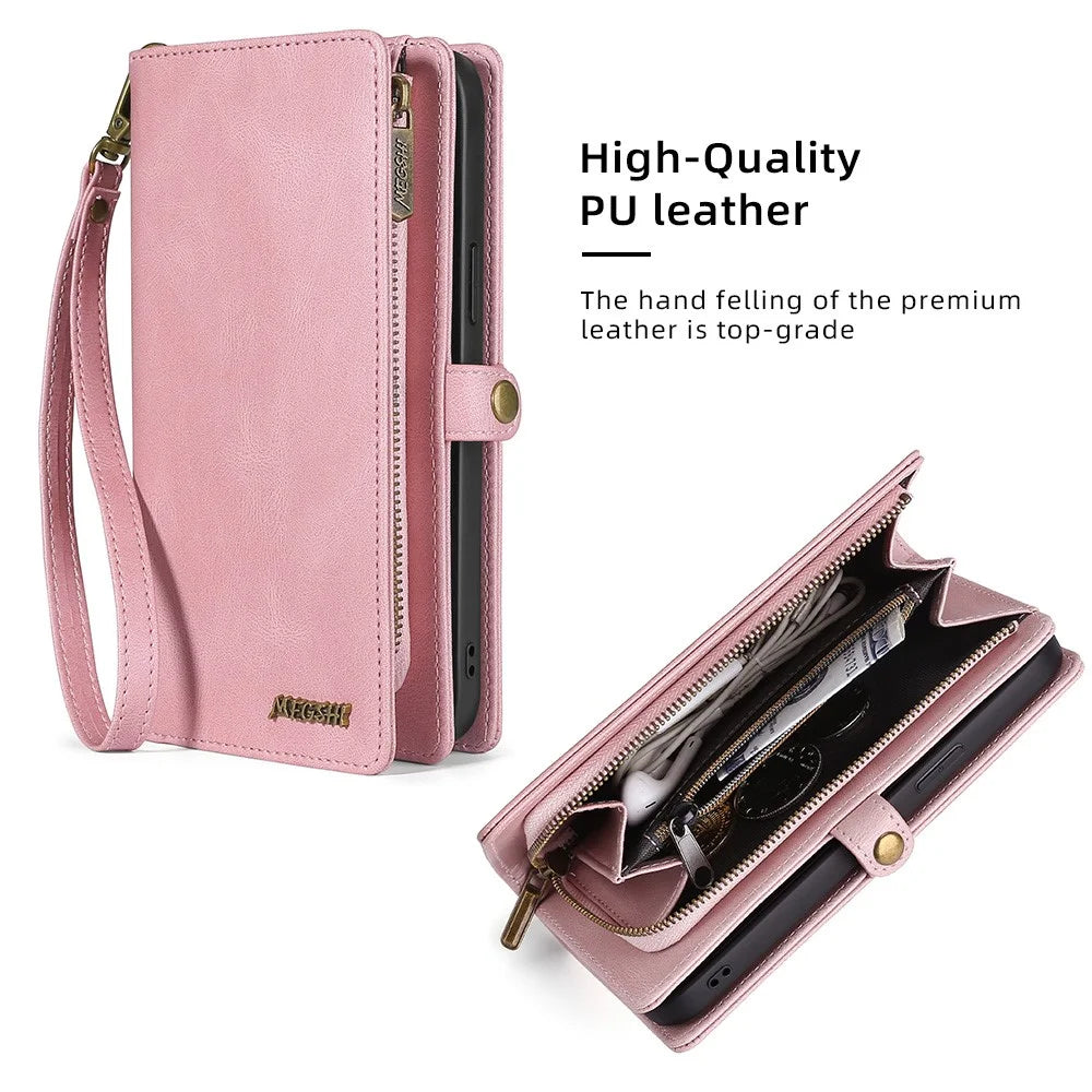 MEGSHI 017 Series For iPhone 15 Magnetic Detachable Phone Cover Zipper Wallet PU Leather Drop-proof Case - Rose Gold - 5