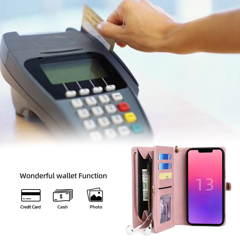 MEGSHI 017 Series For iPhone 15 Magnetic Detachable Phone Cover Zipper Wallet PU Leather Drop-proof Case - Rose Gold - 6