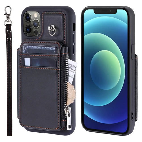 009 Phone Case for iPhone 12 / 12 Pro 6.1 inch , RFID Blocking PU+TPU Cover Kickstand Zipper Wallet Shell with Strap - Black - 1