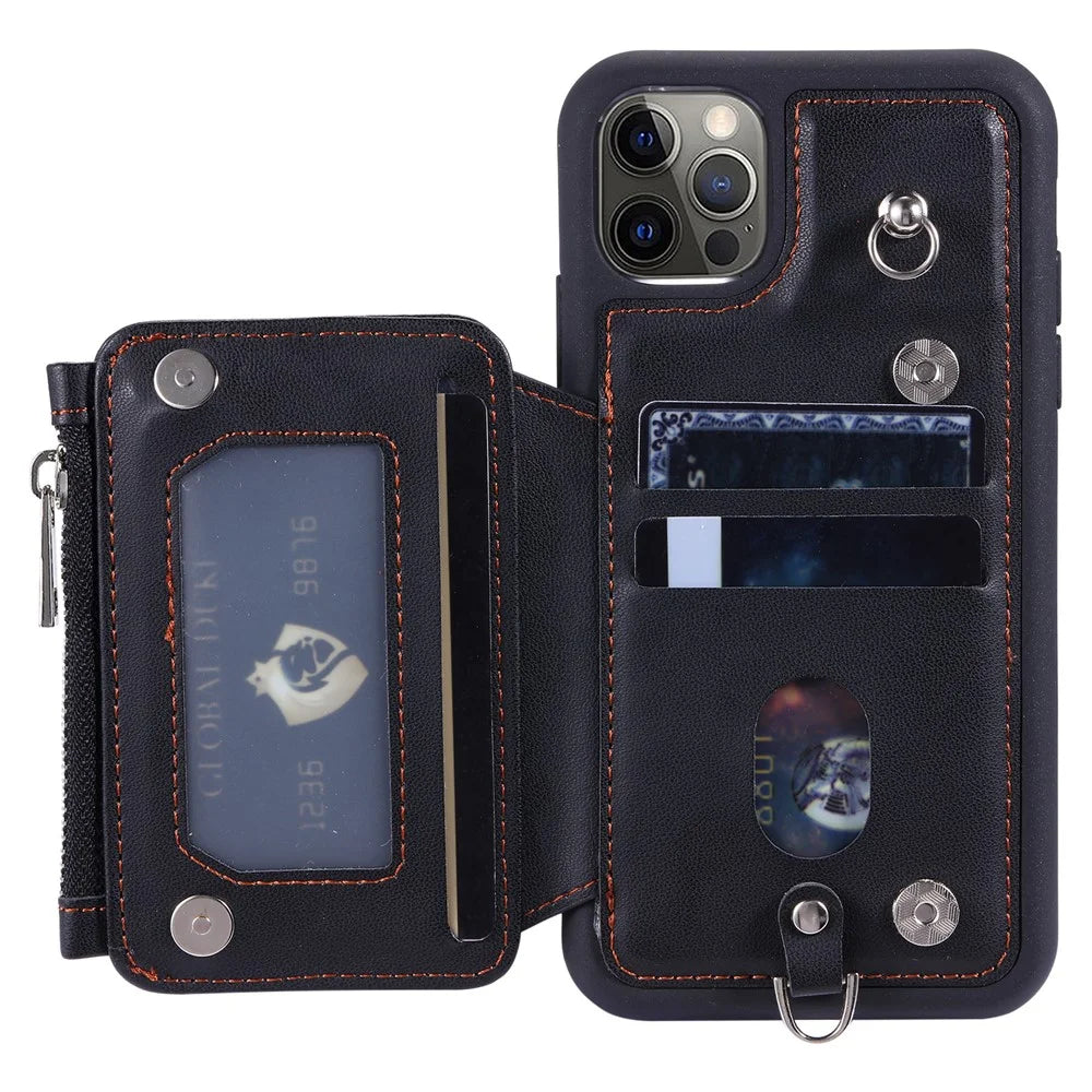 009 Phone Case for iPhone 12 / 12 Pro 6.1 inch , RFID Blocking PU+TPU Cover Kickstand Zipper Wallet Shell with Strap - Black - 2