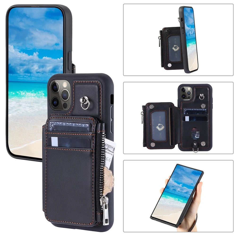009 Phone Case for iPhone 12 / 12 Pro 6.1 inch , RFID Blocking PU+TPU Cover Kickstand Zipper Wallet Shell with Strap - Black - 4