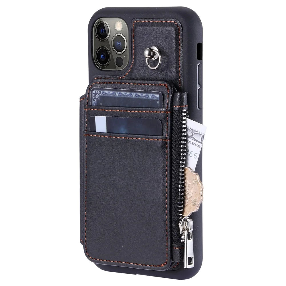 009 Phone Case for iPhone 12 / 12 Pro 6.1 inch , RFID Blocking PU+TPU Cover Kickstand Zipper Wallet Shell with Strap - Black - 5