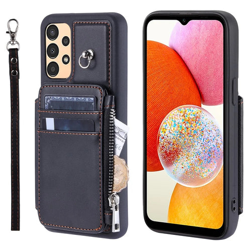 009 Phone Case for Samsung Galaxy A14 5G / A14 4G , RFID Blocking PU+TPU Anti-drop Cover Kickstand Zipper Wallet Shell with Strap - Black - 1