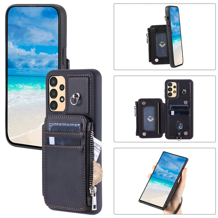 009 Anti-scratch Phone Case for Samsung Galaxy A13 4G / 5G , RFID Blocking PU+TPU Cover Kickstand Zipper Wallet Shell with Strap - Black - 5