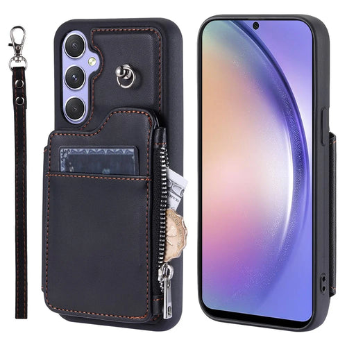 009 Phone Case for Samsung Galaxy A54 5G , RFID Blocking PU+TPU Bump Proof Cover Kickstand Zipper Wallet Shell with Strap - Black - 1