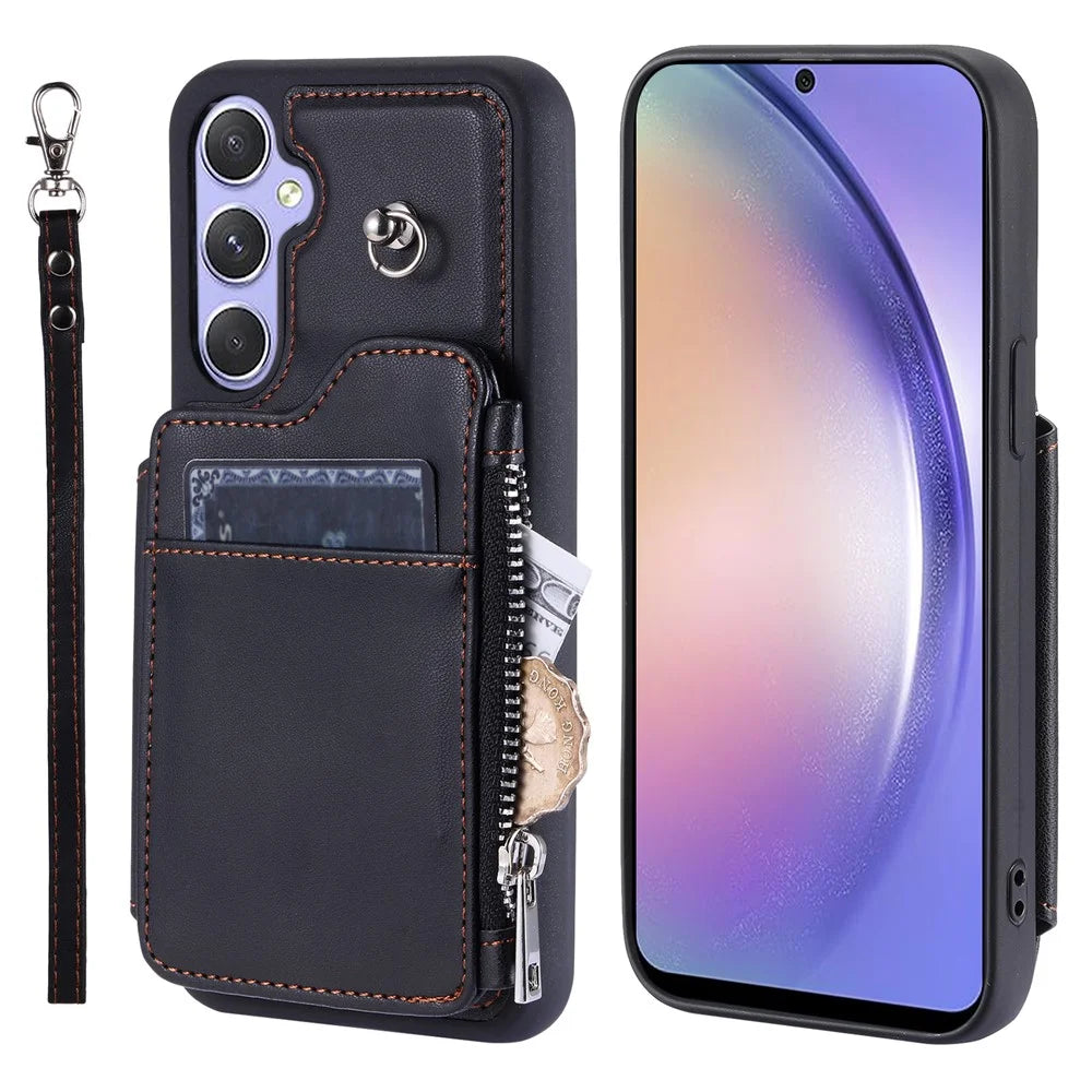 009 Phone Case for Samsung Galaxy A54 5G , RFID Blocking PU+TPU Bump Proof Cover Kickstand Zipper Wallet Shell with Strap - Black - 1