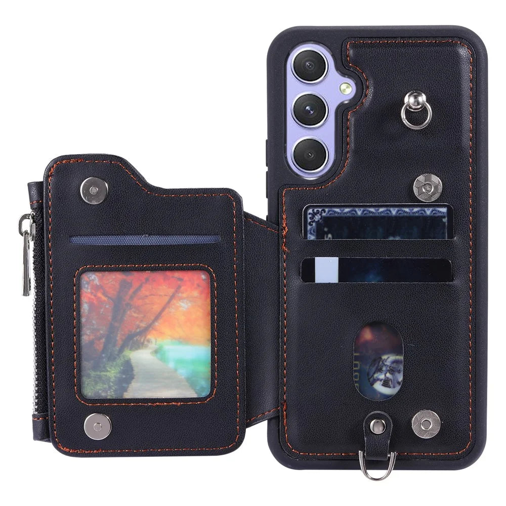 009 Phone Case for Samsung Galaxy A54 5G , RFID Blocking PU+TPU Bump Proof Cover Kickstand Zipper Wallet Shell with Strap - Black - 2