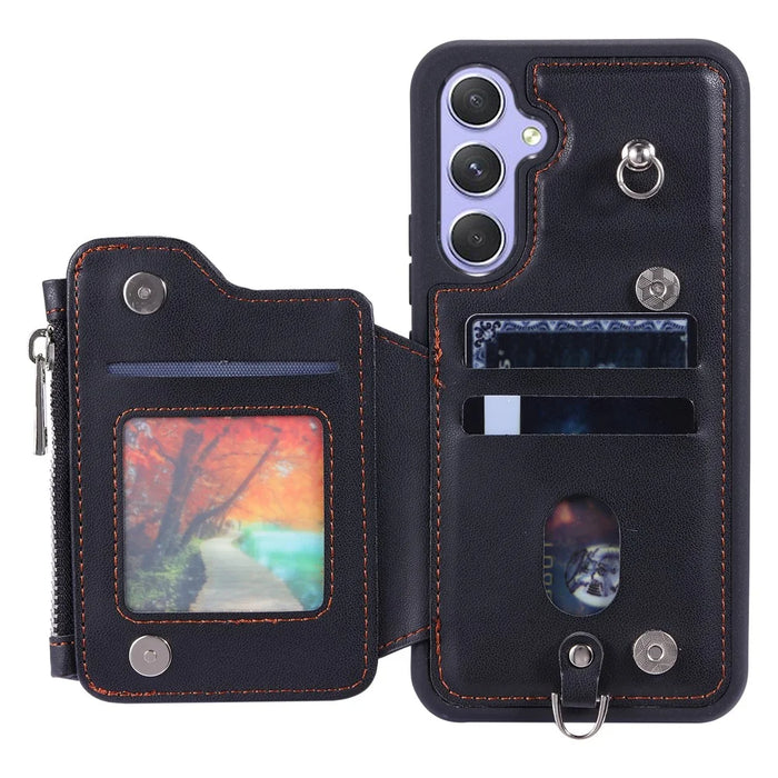 009 Phone Case for Samsung Galaxy A54 5G , RFID Blocking PU+TPU Bump Proof Cover Kickstand Zipper Wallet Shell with Strap - Black - 2