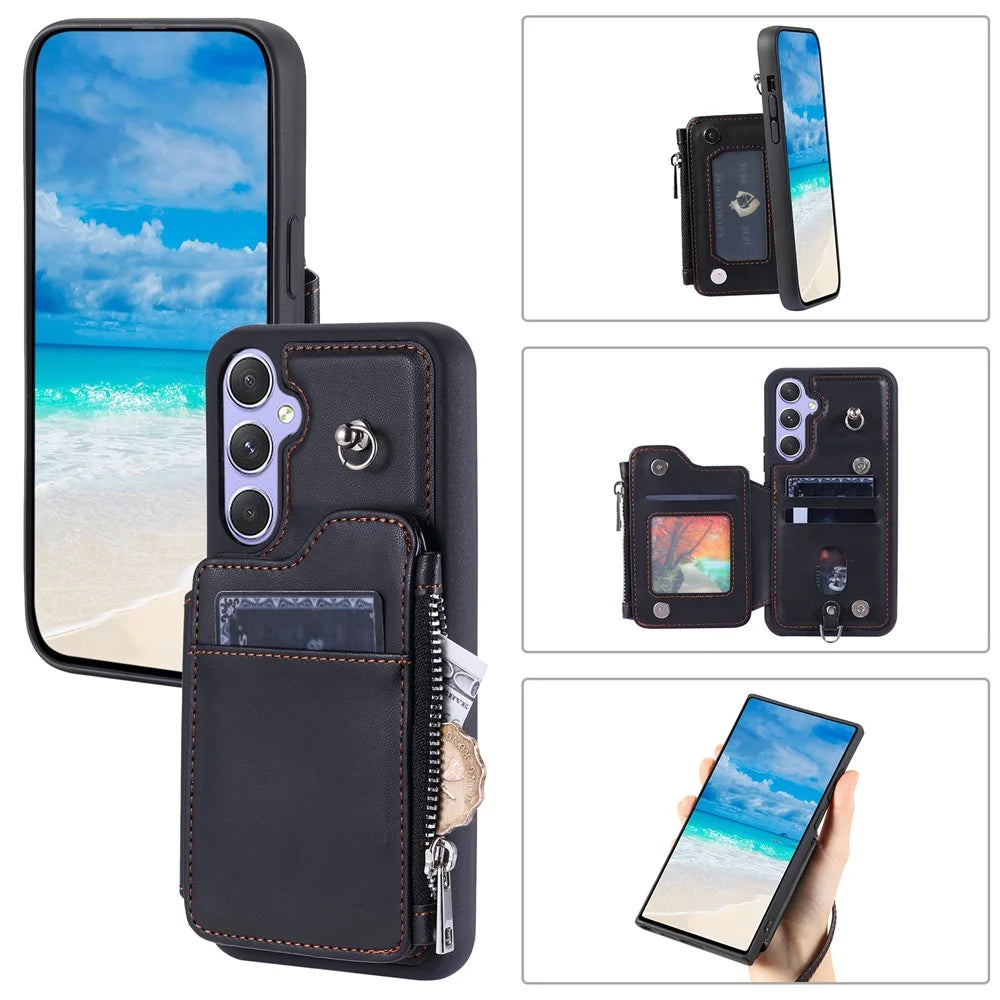 009 Phone Case for Samsung Galaxy A54 5G , RFID Blocking PU+TPU Bump Proof Cover Kickstand Zipper Wallet Shell with Strap - Black - 5