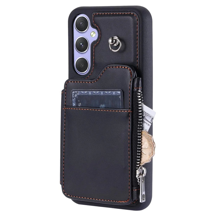 009 Phone Case for Samsung Galaxy A54 5G , RFID Blocking PU+TPU Bump Proof Cover Kickstand Zipper Wallet Shell with Strap - Black - 6