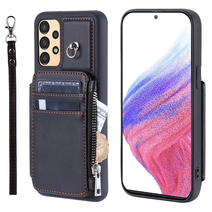 009 Shockproof Phone Case for Samsung Galaxy A53 5G , RFID Blocking PU+TPU Cover Kickstand Zipper Wallet Shell with Strap - Black - 1