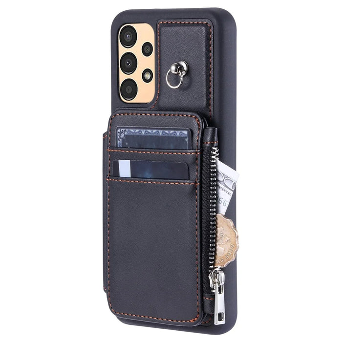 009 Shockproof Phone Case for Samsung Galaxy A53 5G , RFID Blocking PU+TPU Cover Kickstand Zipper Wallet Shell with Strap - Black - 6